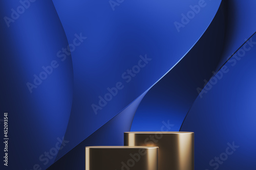 Two golden platform on blue abstract background. abstract background for product presentation or ads. 3d rendering photo