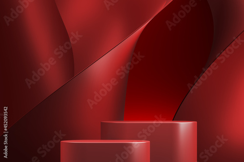 Two red platform on red abstract background. abstract background for product presentation or ads. 3d rendering