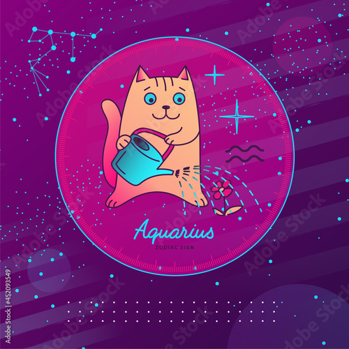 Modern magic witchcraft card with astrology Aquarius zodiac sign. Cartoon zodiac sign. Funny cat