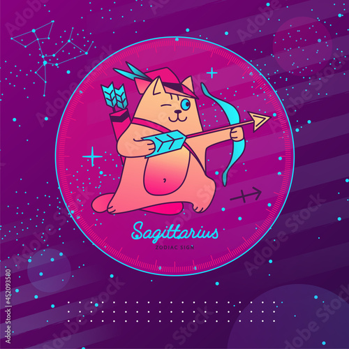 Modern magic witchcraft card with astrology Sagittarius zodiac sign. Cartoon zodiac sign. Funny cat