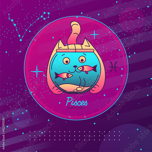 Modern magic witchcraft card with astrology Pisces zodiac sign. Cartoon zodiac sign. Funny cat