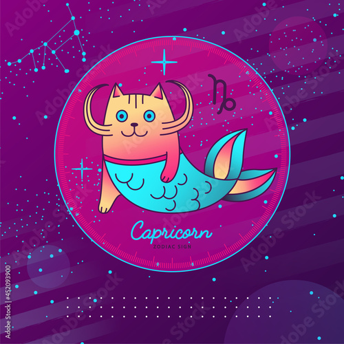 Modern magic witchcraft card with astrology Capricorn zodiac sign. Cartoon zodiac sign. Funny cat