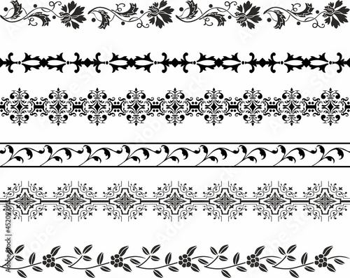 vector set of borders in classic style. Frames and lines from floral ornament. Cornflowers and grass, geometric pattern. Page edge decorations 