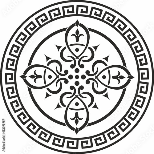 Vector round greek ornament. Meander in a circle. Circular pattern. The architecture of ancient Rome. Print for tattoo, sandblasting and laser cutting
