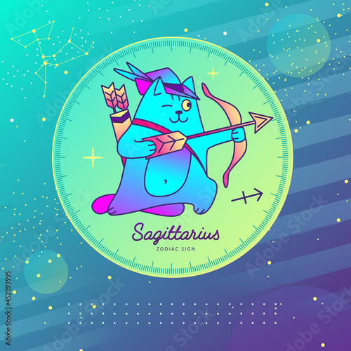 Modern magic witchcraft card with astrology Sagittarius zodiac sign. Cartoon zodiac sign. Funny cat