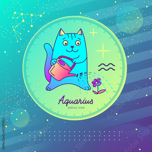 Modern magic witchcraft card with astrology Aquarius zodiac sign. Cartoon zodiac sign. Funny cat