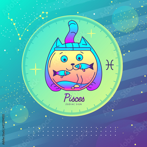 Modern magic witchcraft card with astrology Pisces zodiac sign. Cartoon zodiac sign. Funny cat