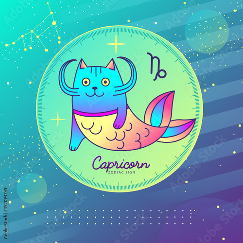 Modern magic witchcraft card with astrology Capricorn zodiac sign. Cartoon zodiac sign. Funny cat