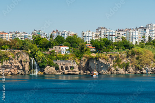 A Small Waterfall Creating a Breathtaking Scenery while Flowing into the Sea near Antalya (Turkey)