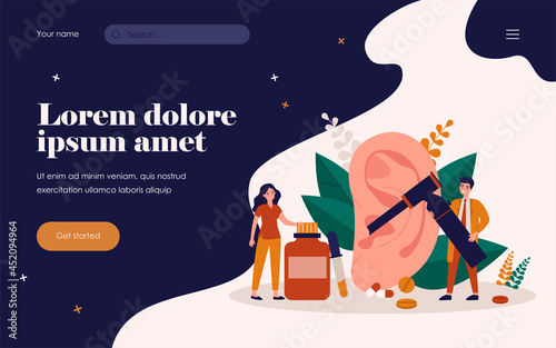 Tiny doctors making ear examination with tool isolated flat vector illustration. Cartoon medical characters treating hearing loss. Otology and otolaryngology concept