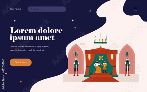 King and queen sitting on thrones in palace flat vector illustration. Cartoon medieval castle interior with knights. Monarchy and leadership concept
