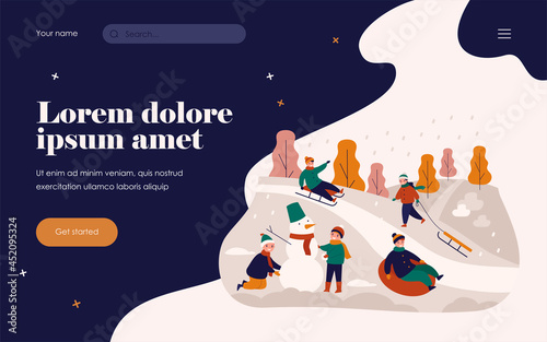 Happy kids sliding from hill on sleds isolated flat vector illustration. Cartoon children having fun and playing outdoors. Winter game activity, holiday and childhood concept