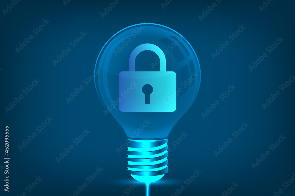 Glowing light bulb with creative new idea. padlock icon and solution concepts. security networking concept Glowing light bulb with creative new idea. padlock icon and solution concepts. security networking concept