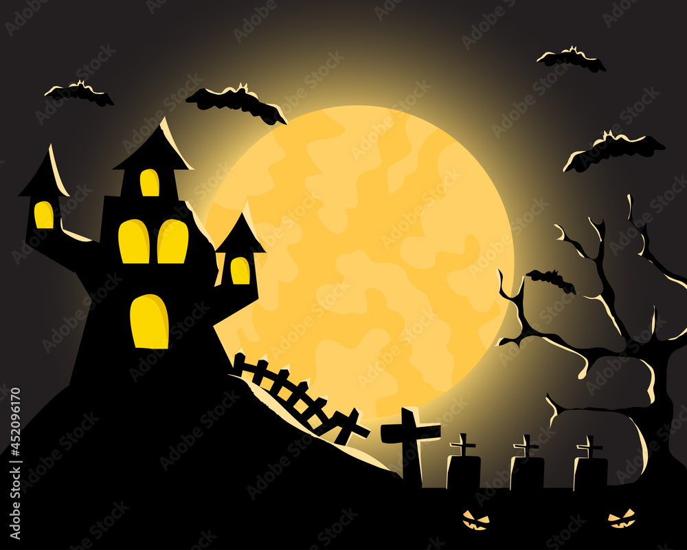 Happy halloween poster with halloween decoration. Halloween night background. Vector illustration.