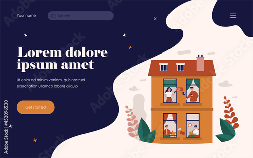 Various people using digital devices in windows. Laptop, smartphone, chat flat vector illustration. Accommodation and neighborhood concept for banner, website design or landing web page