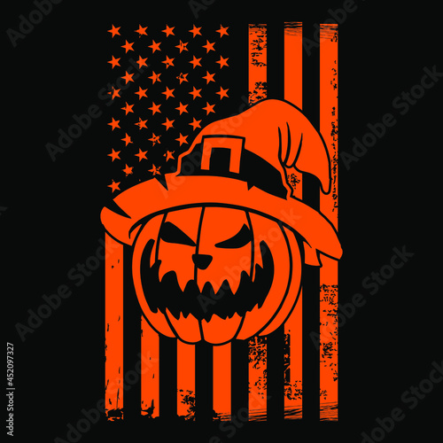 Grunge American flag with pumpkin - Halloween concept t shirt design, vector graphic
