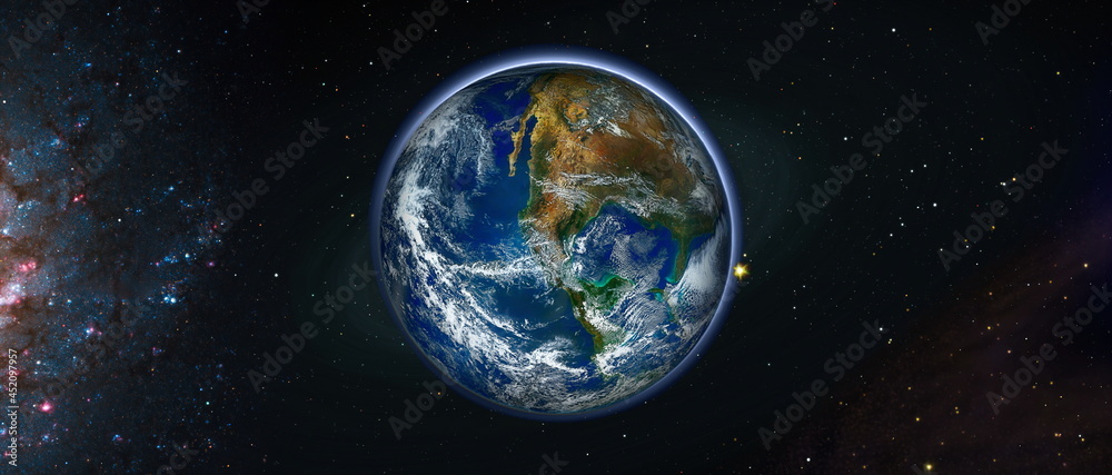 View of the Earth, sun, star and galaxy. Sunrise over planet Earth, view from space.Elements of this image are furnished by NASA