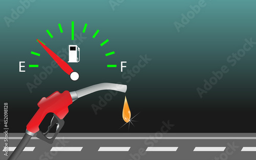 fuel gauge. Fuel nozzle. Gas Station Dispenser with Droplet of Gas. Fuel indicators gas meter. Empty fuel guage with hand holding fuel nozzle pumping a fuel