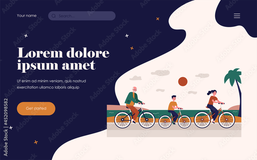 Happy people in different ages cycling along sea. Health, grandfather, boy flat vector illustration. Summer activity and lifestyle concept for banner, website design or landing web page