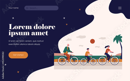 Wallpaper Mural Happy people in different ages cycling along sea. Health, grandfather, boy flat vector illustration. Summer activity and lifestyle concept for banner, website design or landing web page Torontodigital.ca