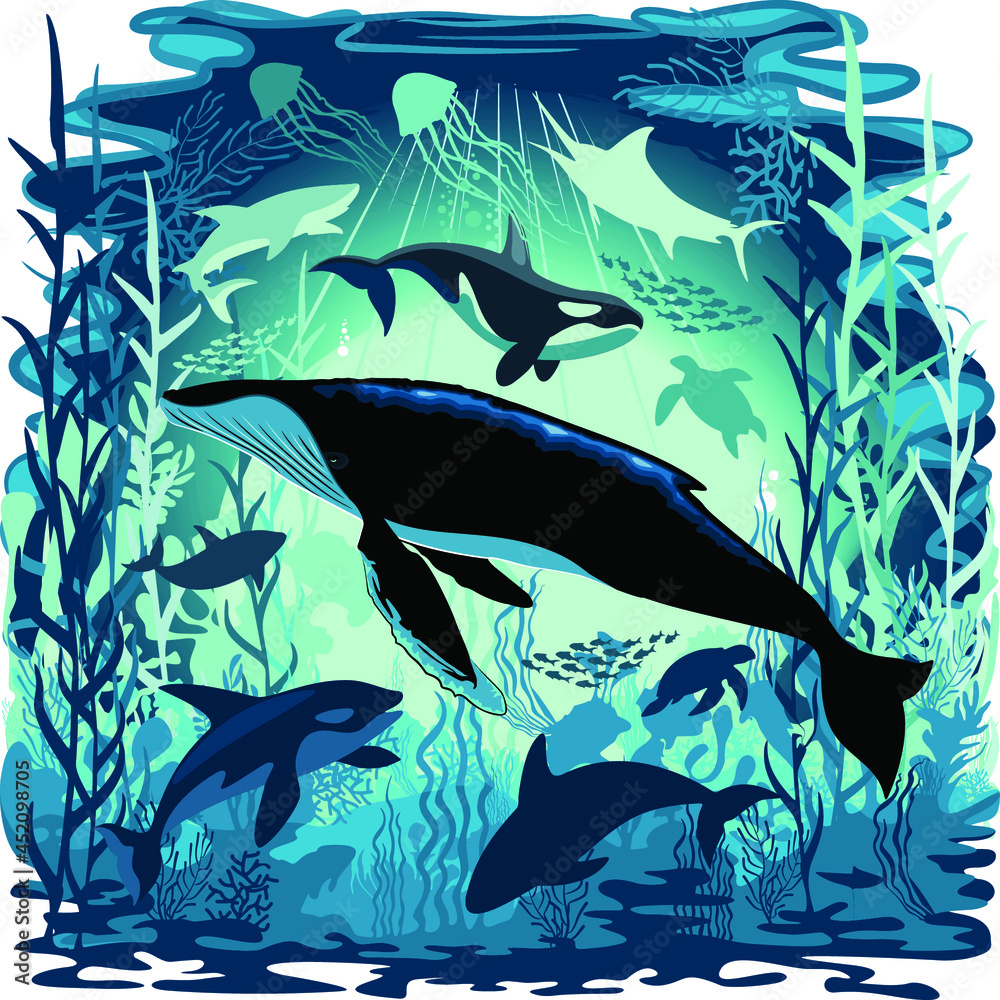 Naklejka premium Sealife Blue Shades Dream Underwater Scenery Vector Art Background
