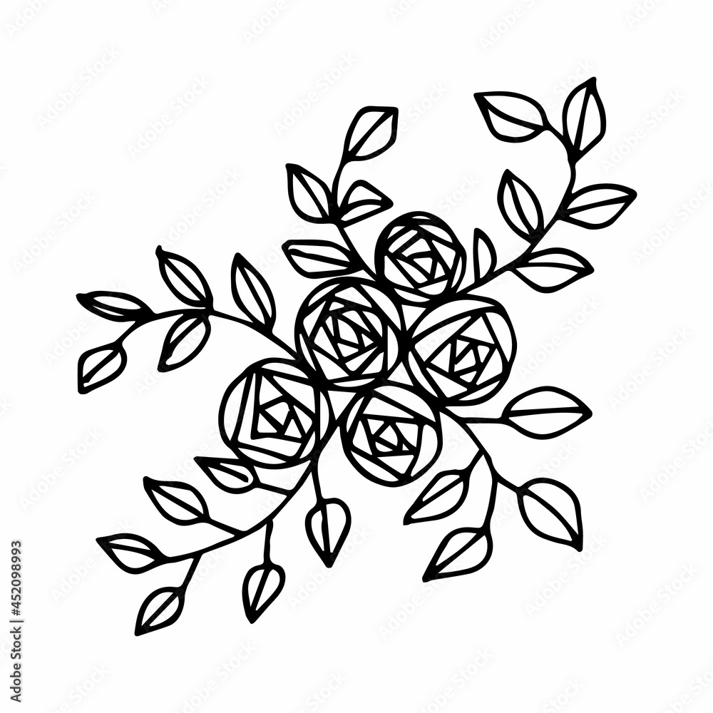 Hand drawing flower arrangement in doodle or sketch style, vector graphics, black and white image. For the design of posters, cards, cards, coloring pages. Hand drawing flower arrangement in doodle or sketch style, vector graphics, black and white image. For the design of posters, cards, cards, coloring pages.
