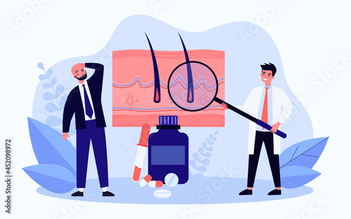 Hair loss treatment flat vector illustration. Bald man and doctor with giant magnifying glass, examining roots of hair, standing next to huge pills. Medicine, trichology, hair care concept for design