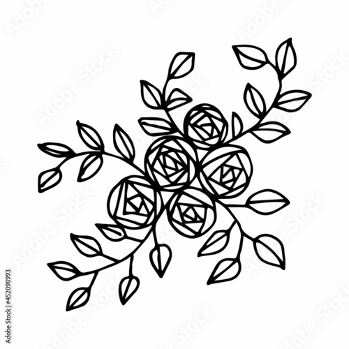 Hand drawing flower arrangement in doodle or sketch style  vector graphics  black and white image. For the design of posters  cards  cards  coloring pages.