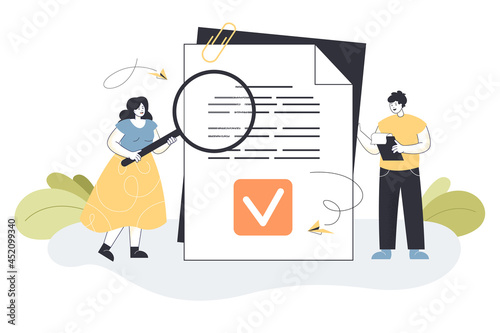 Tiny cartoon business people reading legal document. Data protection, company principles flat vector illustration. Law, policies and procedures concept for banner, website design or landing web page photo