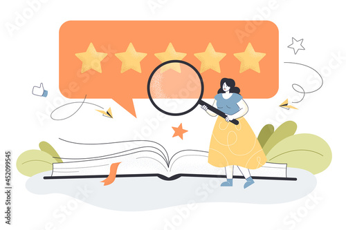 Tiny female person with magnifier giving book good review. Girl reading book for research, analysis of service quality flat vector illustration. Literature, feedback, satisfaction rating concept