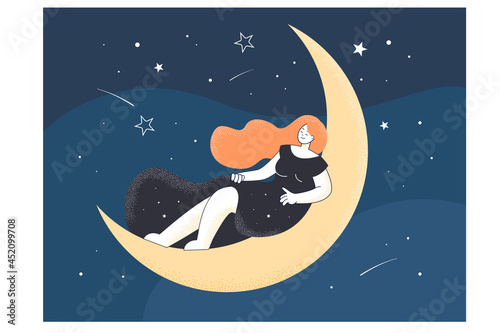 Drawing of female person sleeping on moon at night. Calm girl relaxing, REM or deep sleep, good dream flat vector illustration. Relaxation, bedtime concept for banner, website design or landing page