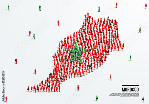 Morocco Map and Flag. A large group of people in the Moroccan flag color form to create the map. Vector Illustration.