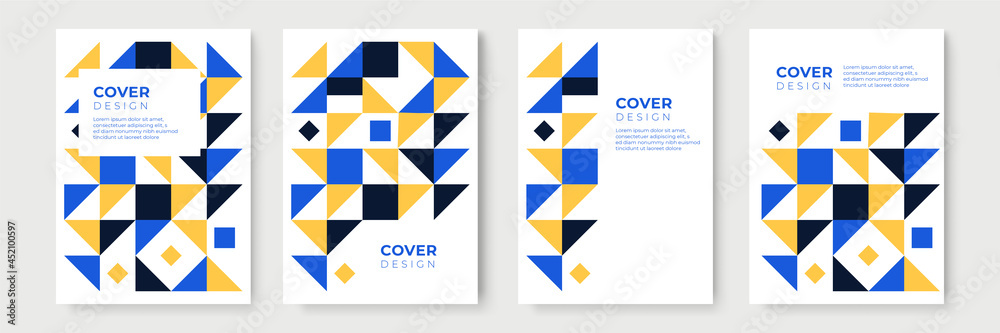Abstract bauhaus geometric pattern background texture for poster cover design. Minimal color vector banner template with circles, square, triangle, dot, star, arrow, ring, bar.