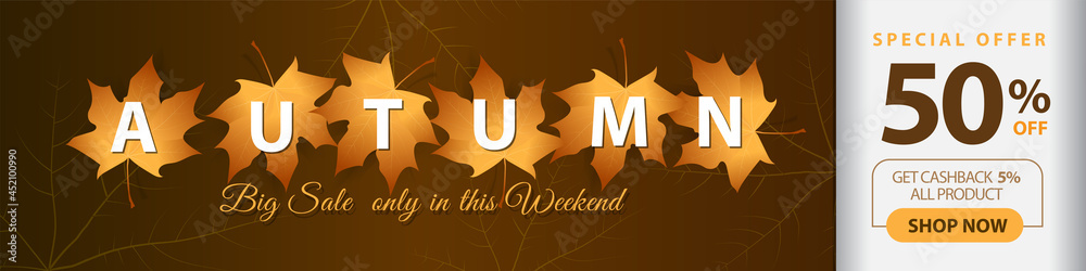 Obraz premium Gradient autumn sale banner for promo, special offer up to 50% off