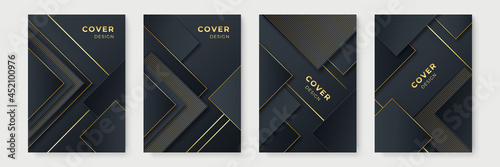 Abstract polygonal pattern luxury dark blue black with gold background. Elegant abstract trendy universal cover poster background templates. Minimalist aesthetic with geometric shapes.