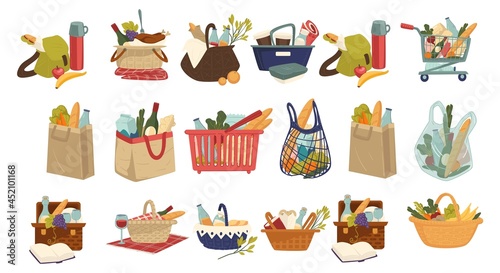 Bags with products and grocery, shopping for food