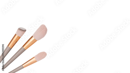 Makeup brushes isolated on white background. Copy space