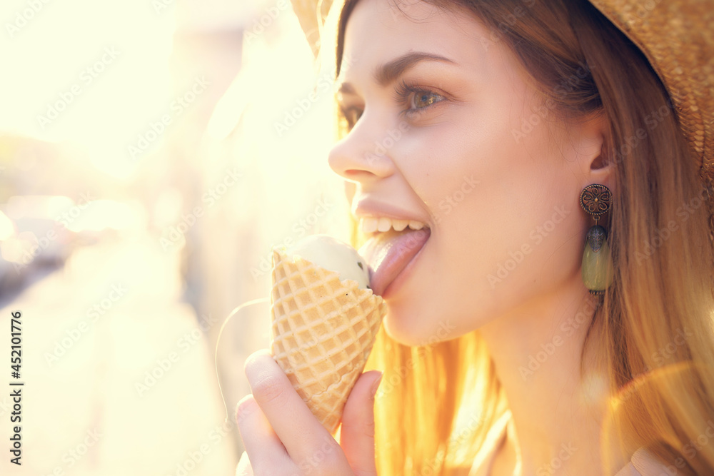 beautiful woman outdoor walk eat ice cream walk travel fun beautiful woman outdoor walk eat ice cream walk travel fun