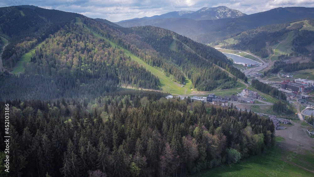 View of the mountains Bukovel Ukraine from a quadrocopter