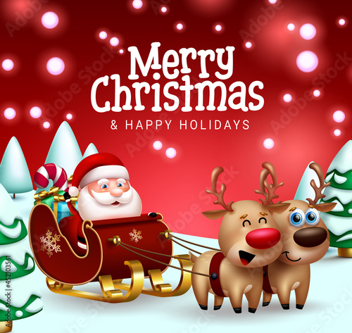 Merry christmas vector design. Merry christmas greeting text with santa claus character riding sleigh in xmas eve for holiday gift giving season. Vector illustration.
