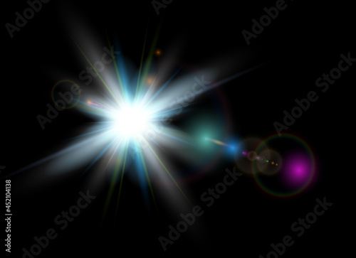 Sun with lens flare on black background, glowing star with colorful bokeh vector illustration.
