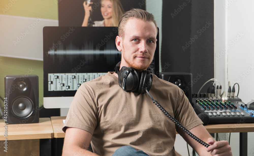 Fototapeta premium Sound Engineer man Mixer audio studio recording