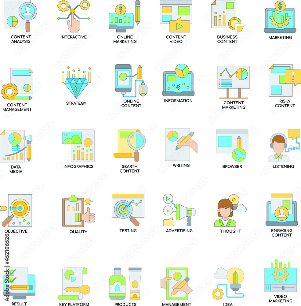 Content Marketing colour flat icon collection set