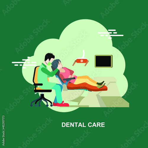 Dental care with dentist treating patient teeth with care flat concept design