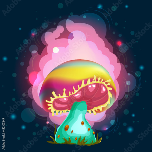Mushrooms. Magic drawings with mushrooms. On a dark background, flares and twinkling stars. A beautiful, mysterious sticker. For print and web pages