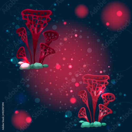Square banner of a group of ornamental mushrooms. Unusual fantasy cartoon colorful mushrooms. Magic mushrooms in a fairy fog and fireflies on a dark background. A beautiful, mysterious sticker