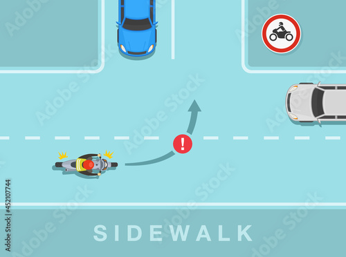 Motorcycle driving tips. Bike rider is about to turn on the road. No motorcycles traffic or road sign rule. Flat vector illustration template.