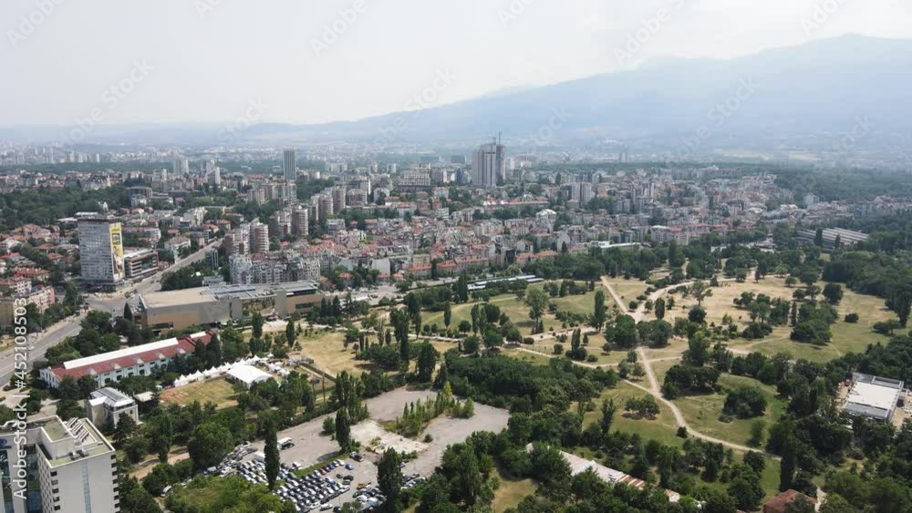 Amazing Aerial view of city of Sofia near National Palace of Culture, Bulgaria