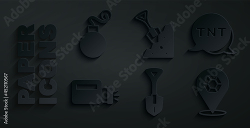Set Shovel, Dynamite, Flashlight, Gem stone, and and Bomb icon. Vector