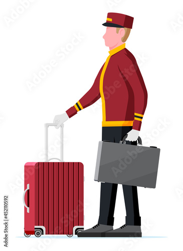 Hotel Bellboy at Work Carrying Guests Bags. Bellboy Character with Luggage Isolated on White Background. Porter Hotel Worker with Briefcase. Bellhop Service Doorkeeper. Flat Vector Illustration